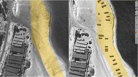 A satellite image of Woody Island, part of the disputed Paracel chain in the South China Sea, is pictured left, on February 3, 2015, and right, on February 14.